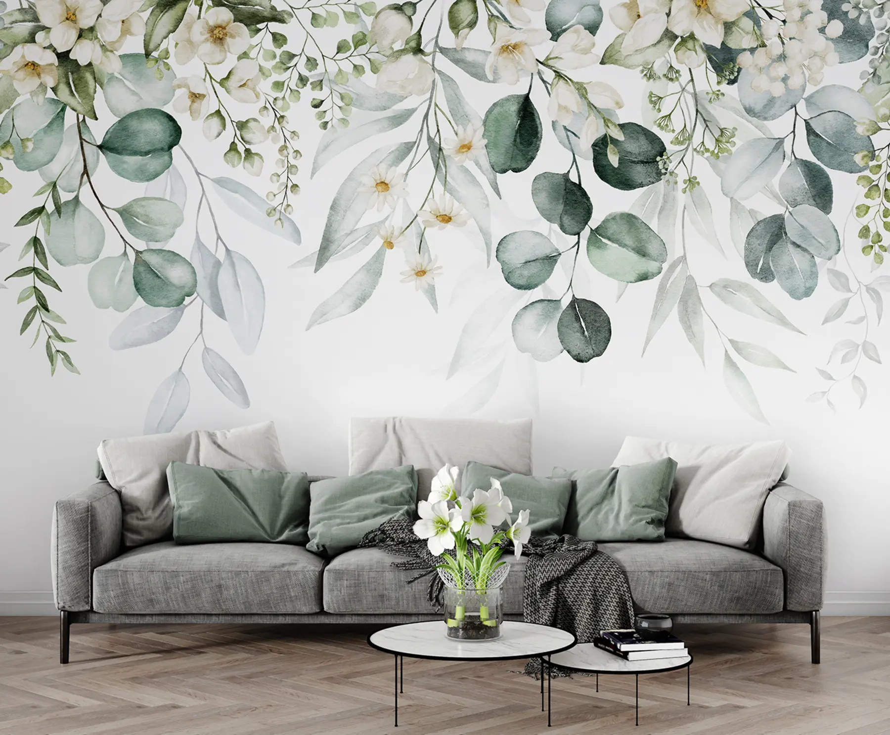 Fototapete Aquarellgrüne Blätter mit Blumen u96336