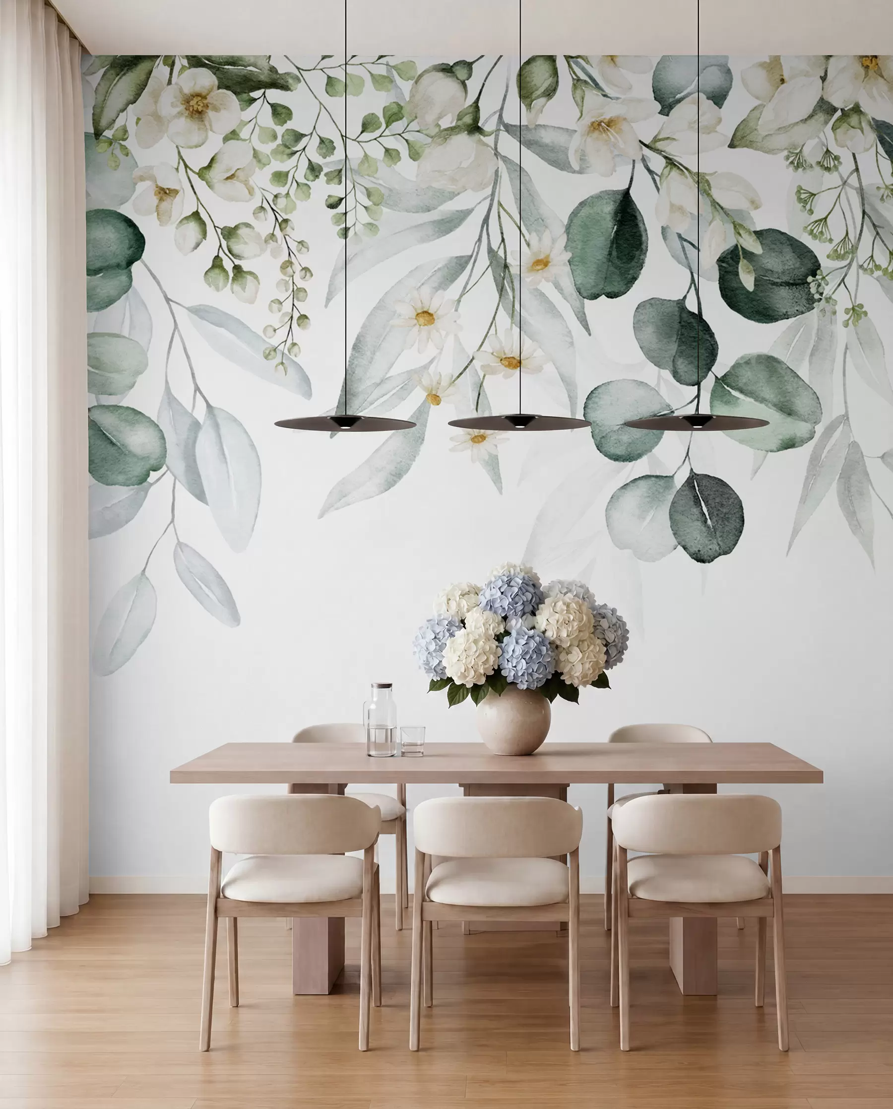 Fototapete Aquarellgrüne Blätter mit Blumen u96336