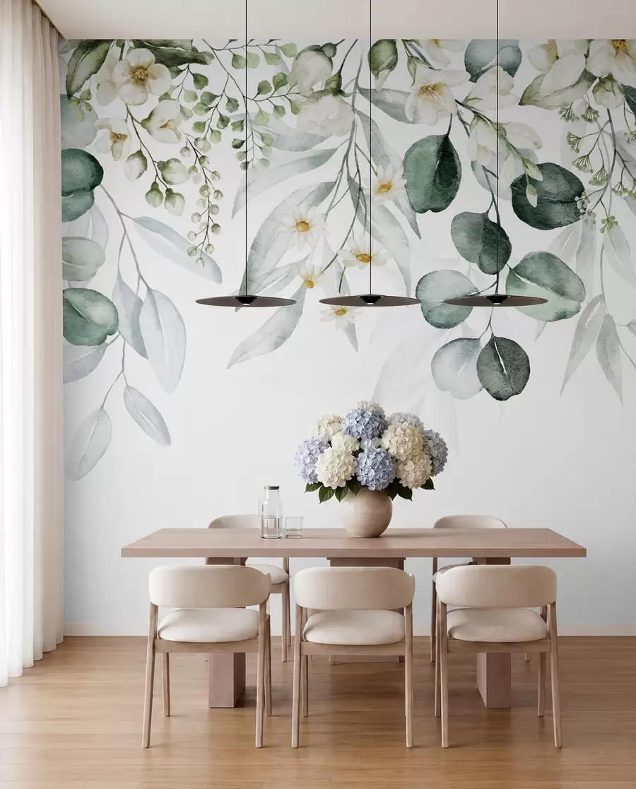 Fototapete Aquarellgrüne Blätter mit Blumen u96336