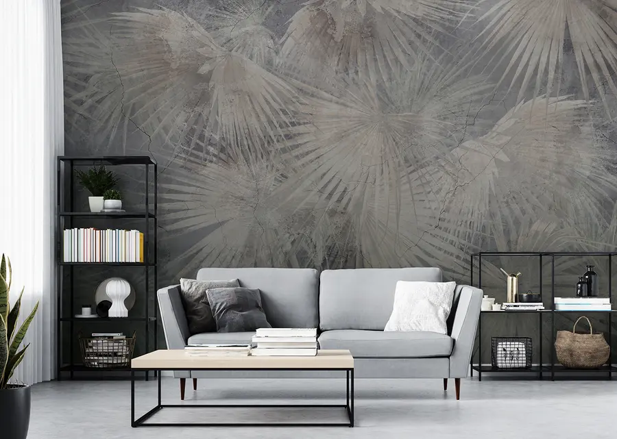 Fototapete Exotische tropische Blätter auf Grunge-Betonwand u96540
