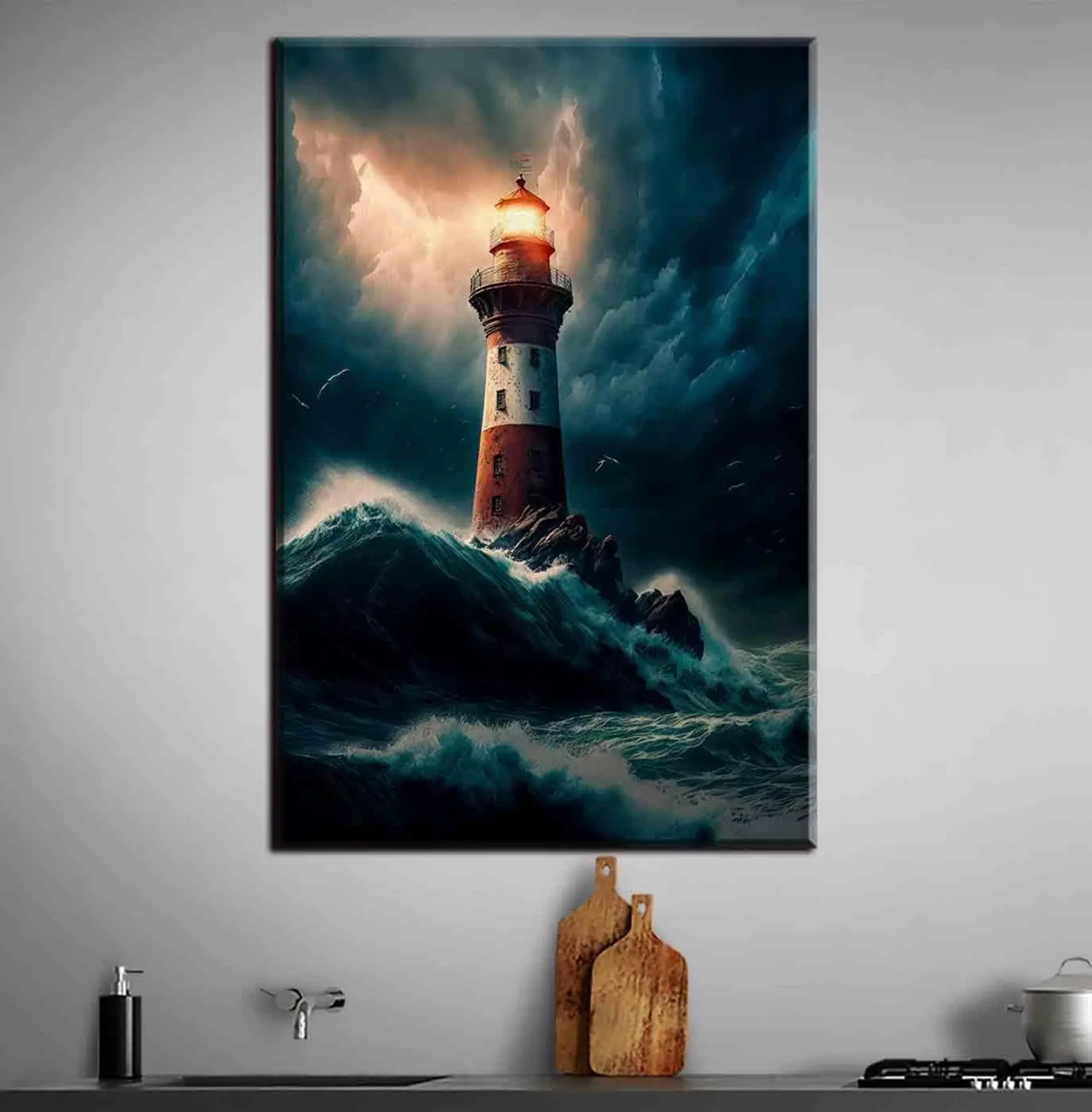 Fototapete Malerischer Leuchtturm auf einer einsamen Insel während eines Sturms s35349
