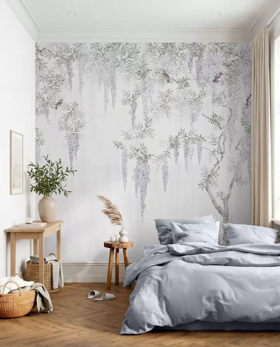 Fototapete Blumen aus Glyzinien, Glyzinien, Minimalismus, Monochrom, Loft und japanischem Stil u96928