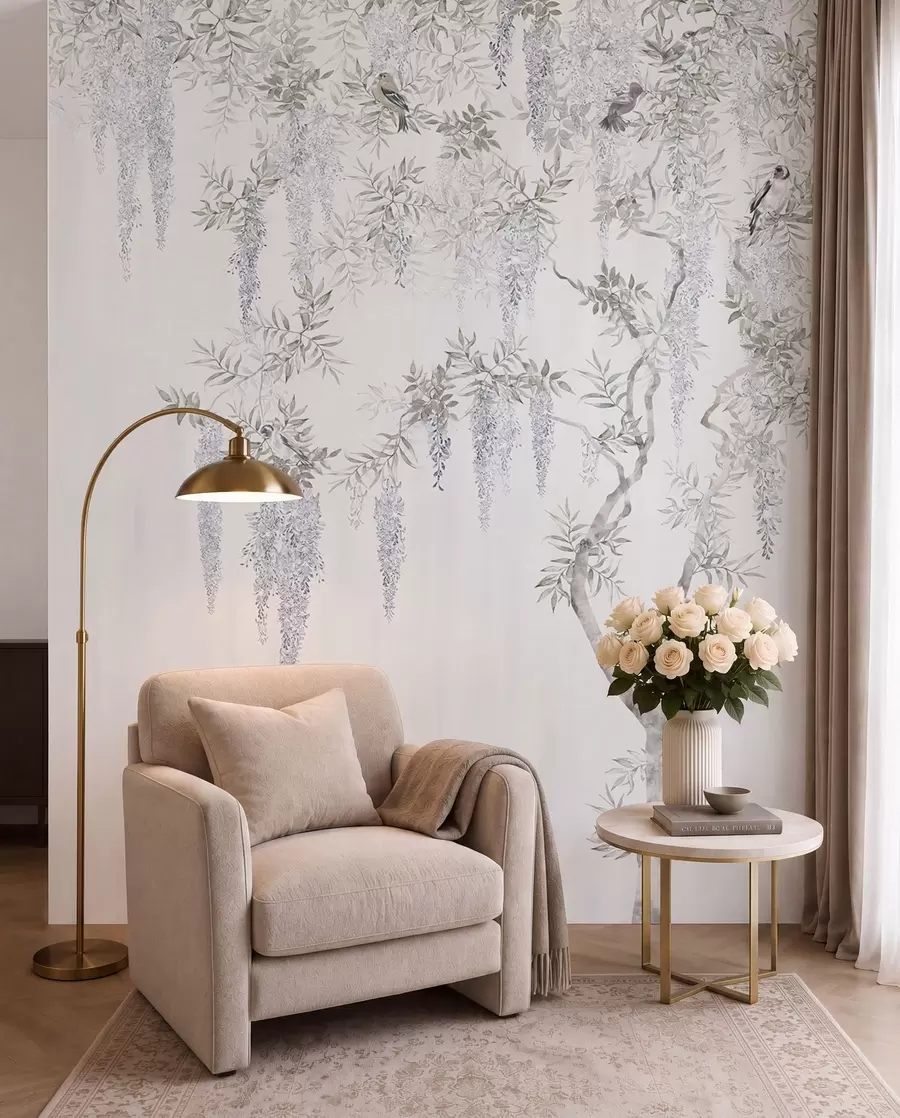 Fototapete Blumen aus Glyzinien, Glyzinien, Minimalismus, Monochrom, Loft und japanischem Stil u96928