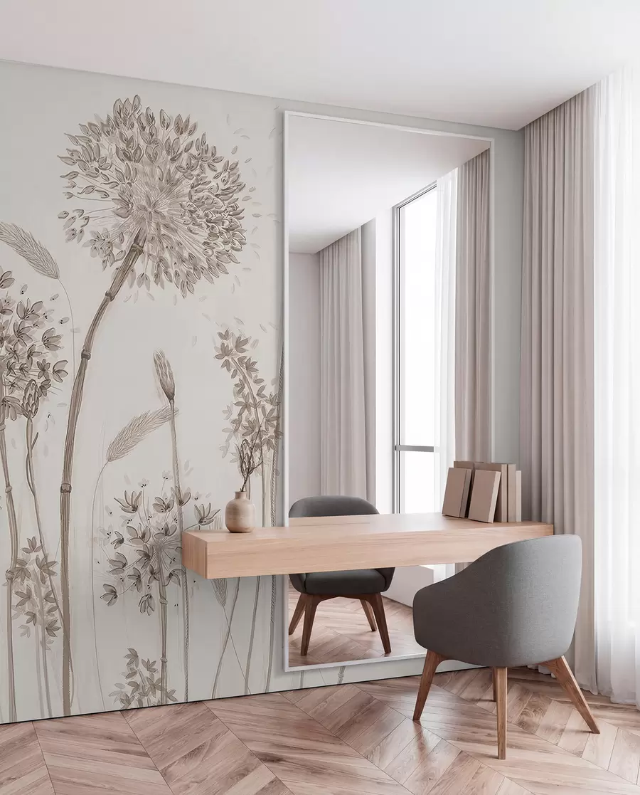 Fototapete Große Wiesenblumen aus Löwenzahn im monochromen Loft-Minimalismus u96934