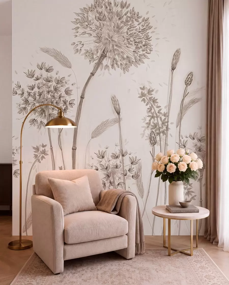 Fototapete Große Wiesenblumen aus Löwenzahn im monochromen Loft-Minimalismus u96934