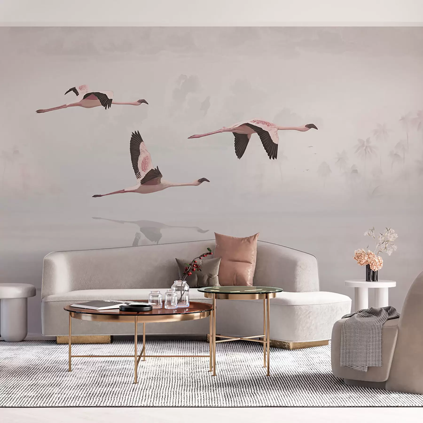 Fototapete Rosa Flamingos über dem tropischen Dschungelstrand und dem Meer u97457
