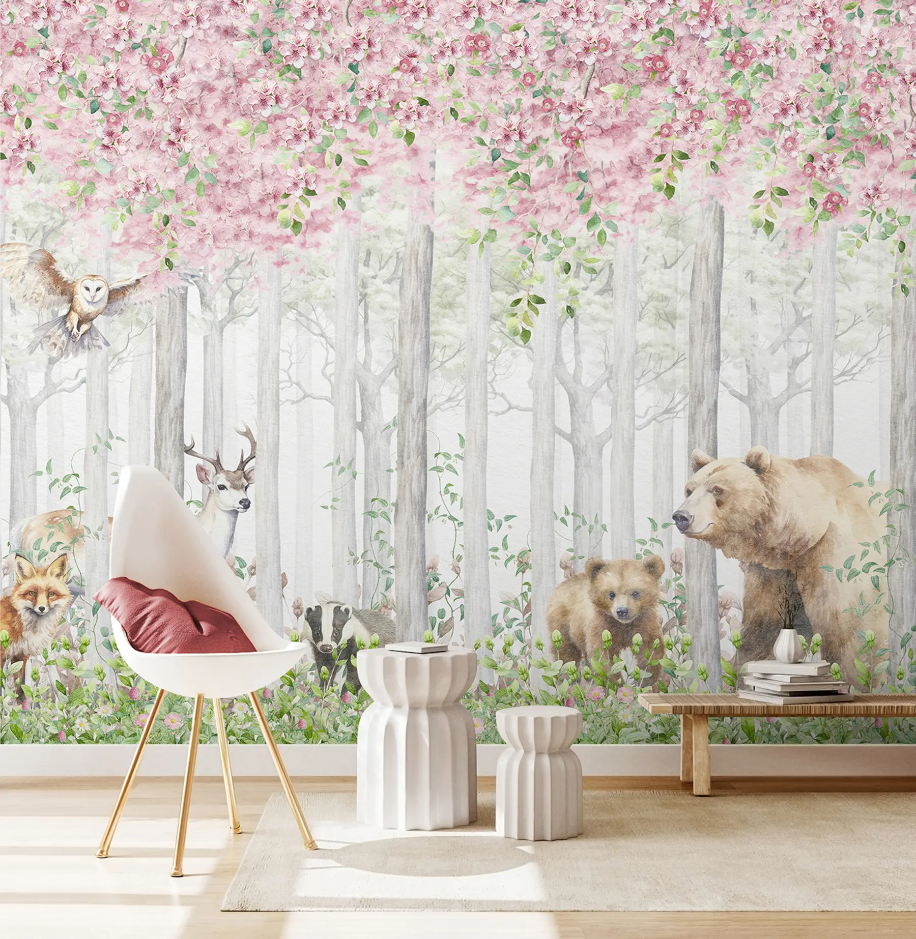 Fototapete Blühender Wald mit Tieren u97614
