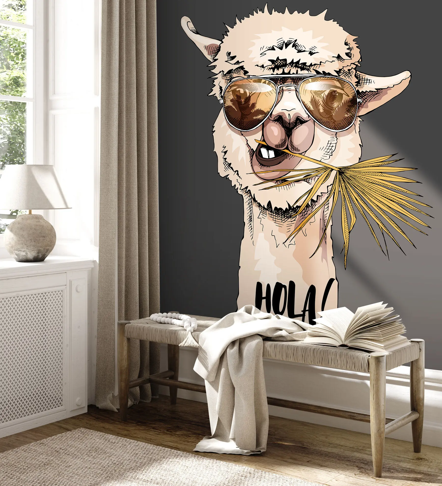 Fototapete Porträt eines Lamas mit Sonnenbrille und Fächerpalmenblatt u98177v1
