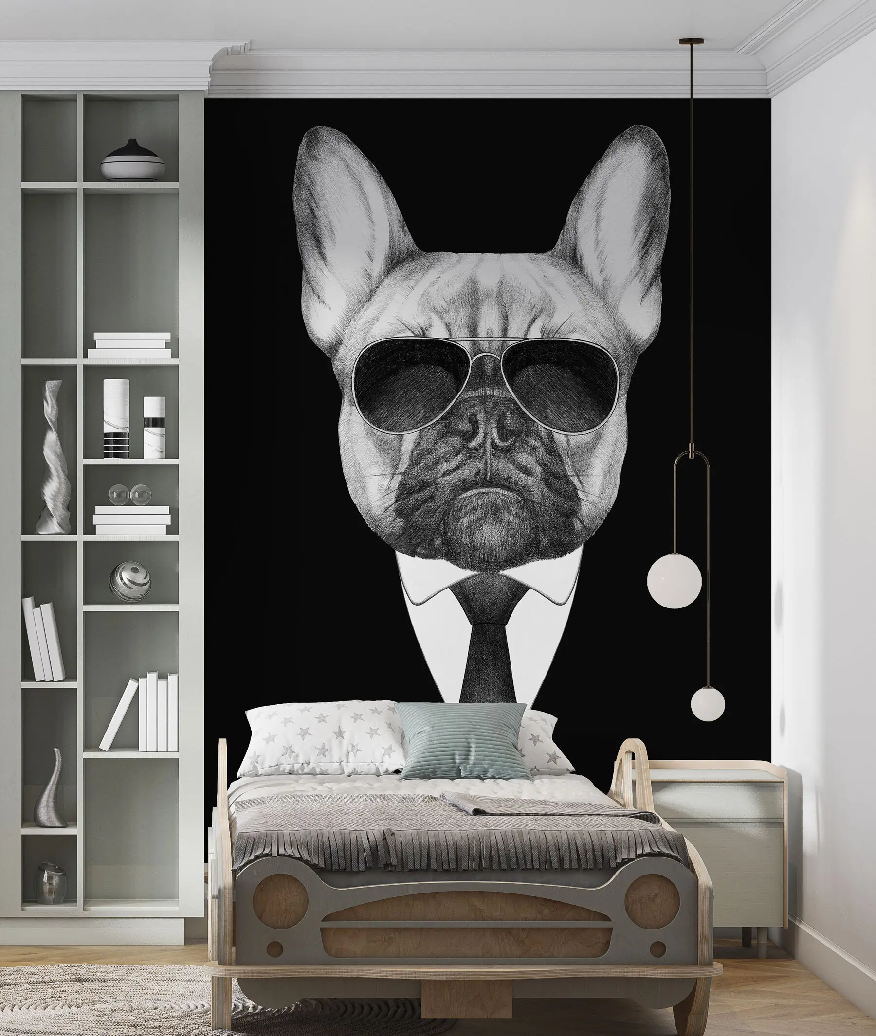 Fototapete Porträt einer französischen Bulldogge im Anzug und mit Sonnenbrille u98183