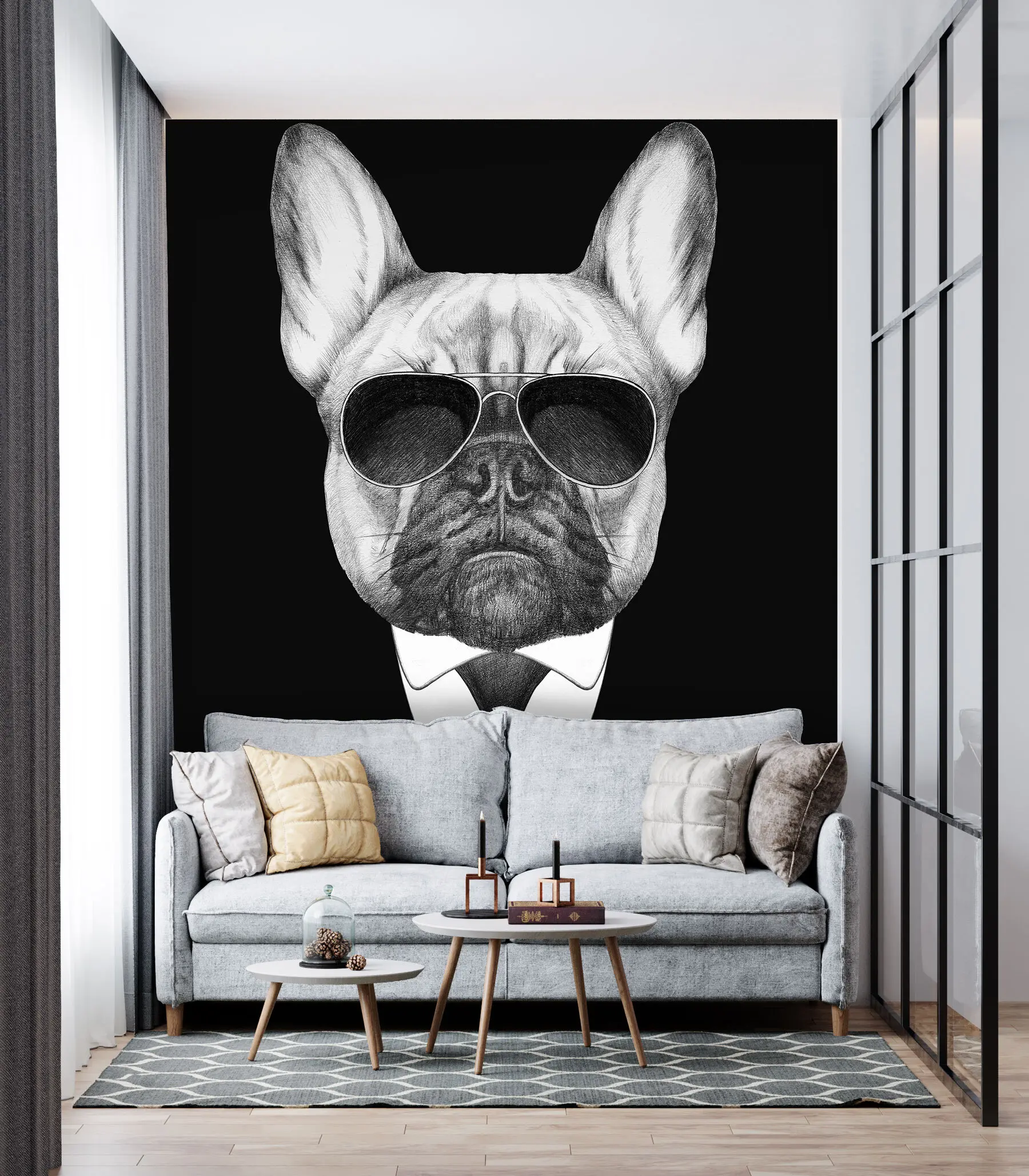 Fototapete Porträt einer französischen Bulldogge im Anzug und mit Sonnenbrille u98183