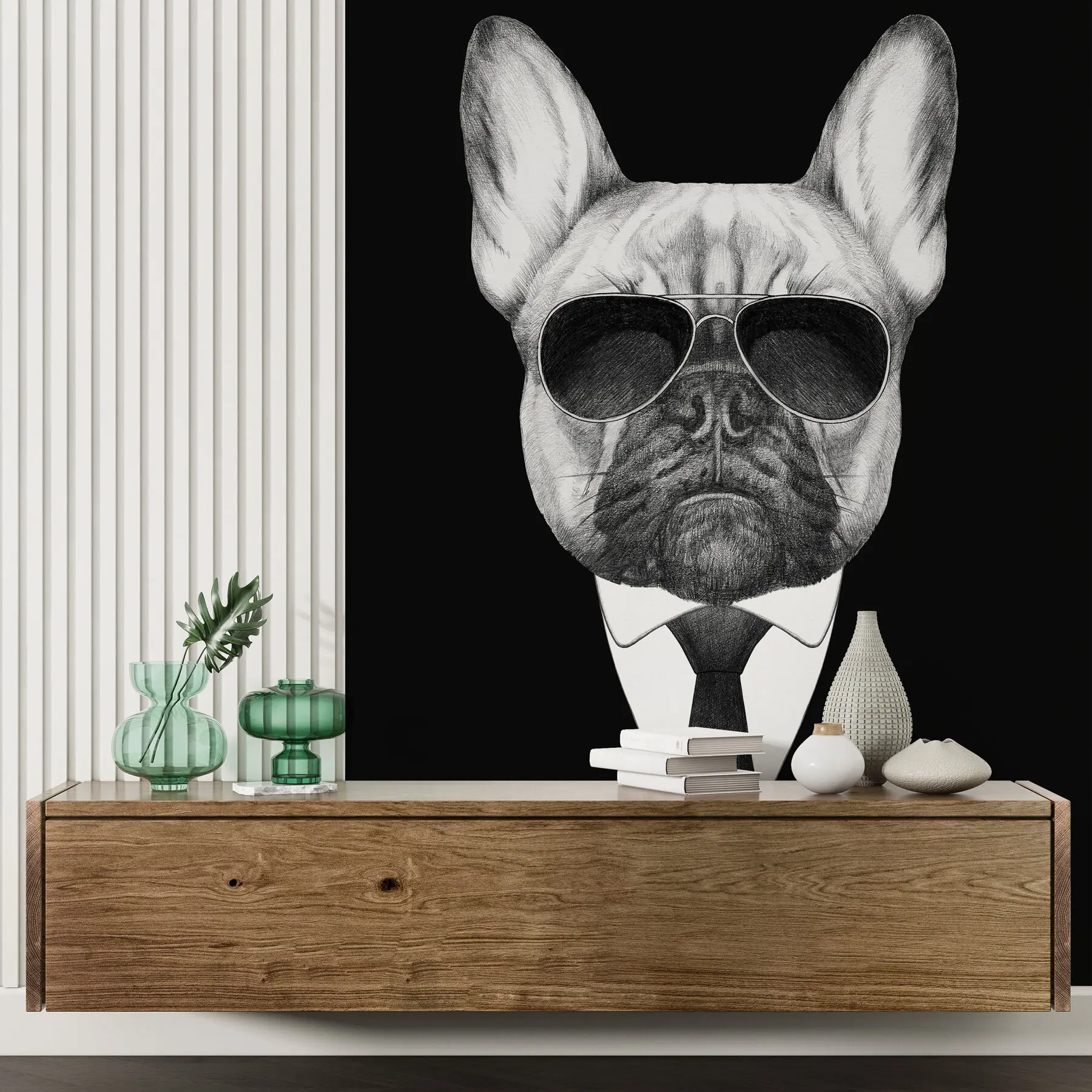 Fototapete Porträt einer französischen Bulldogge im Anzug und mit Sonnenbrille u98183