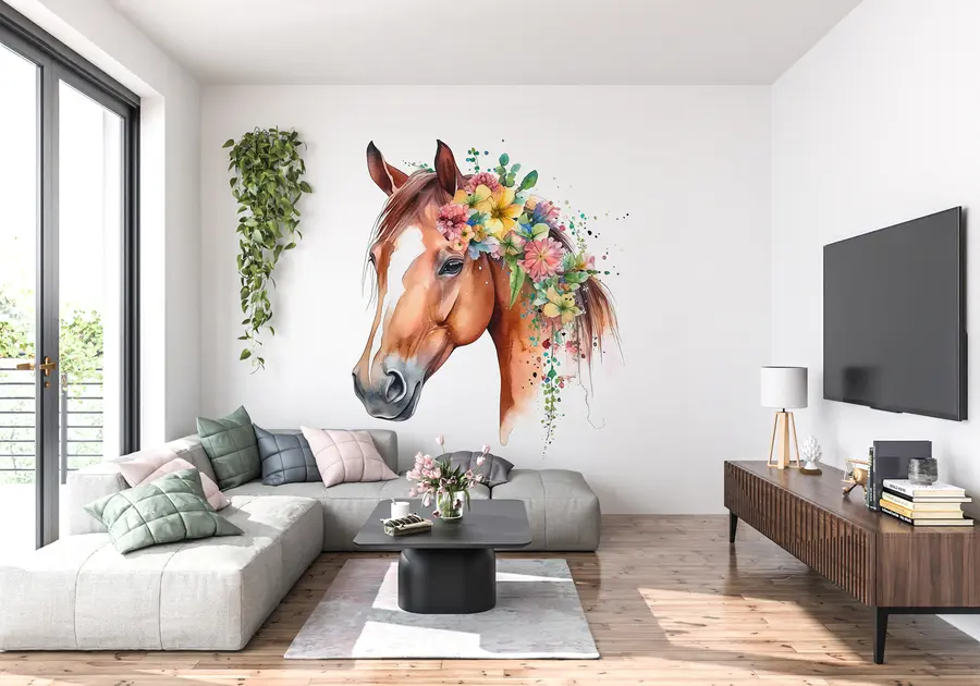 Fototapete Pferd mit Blumen in Aquarell u98192
