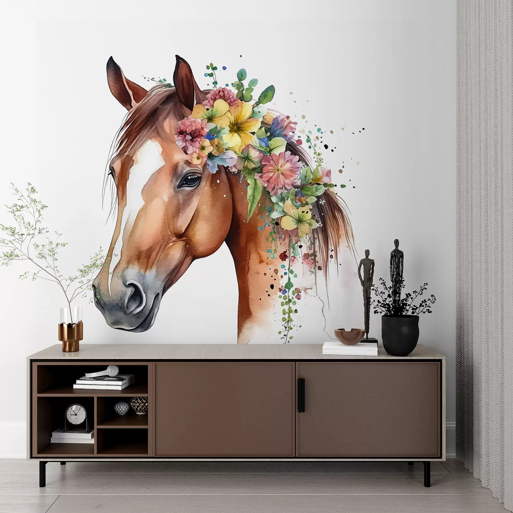 Fototapete Pferd mit Blumen in Aquarell u98192