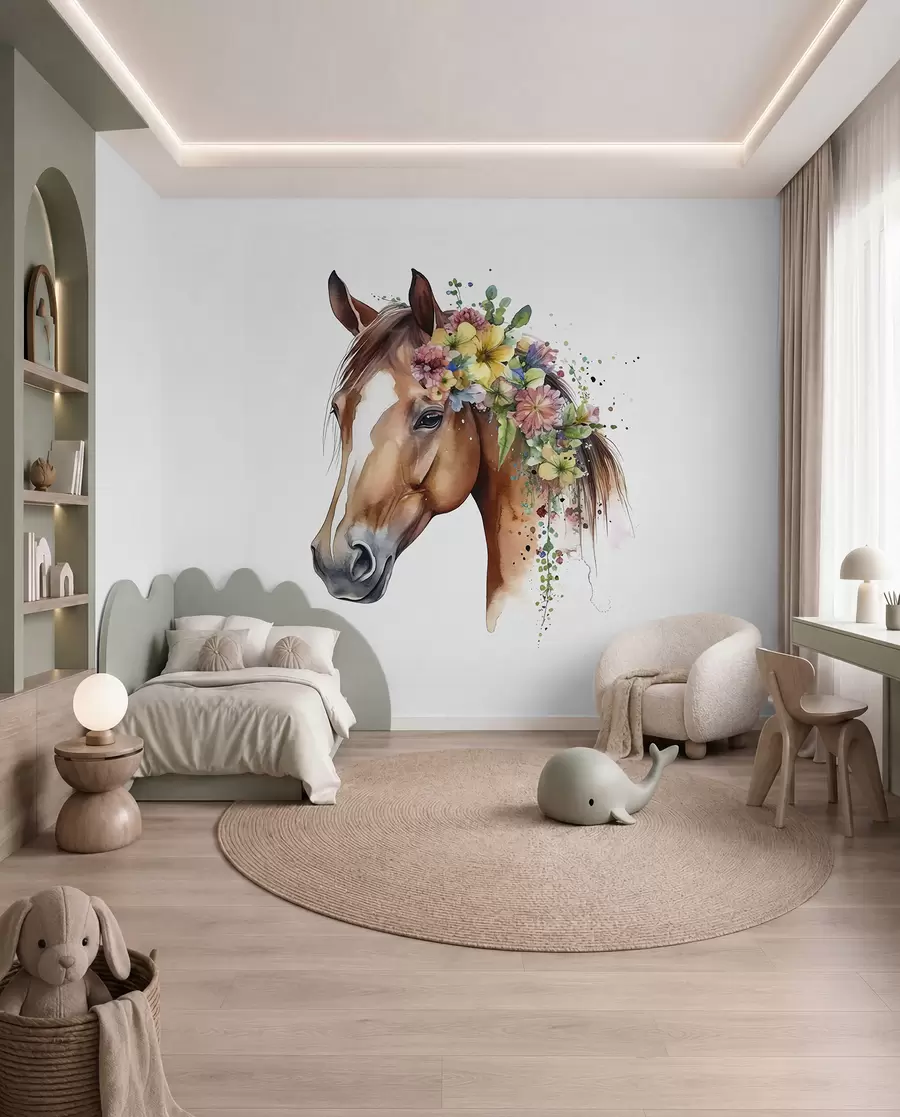 Fototapete Pferd mit Blumen in Aquarell u98192