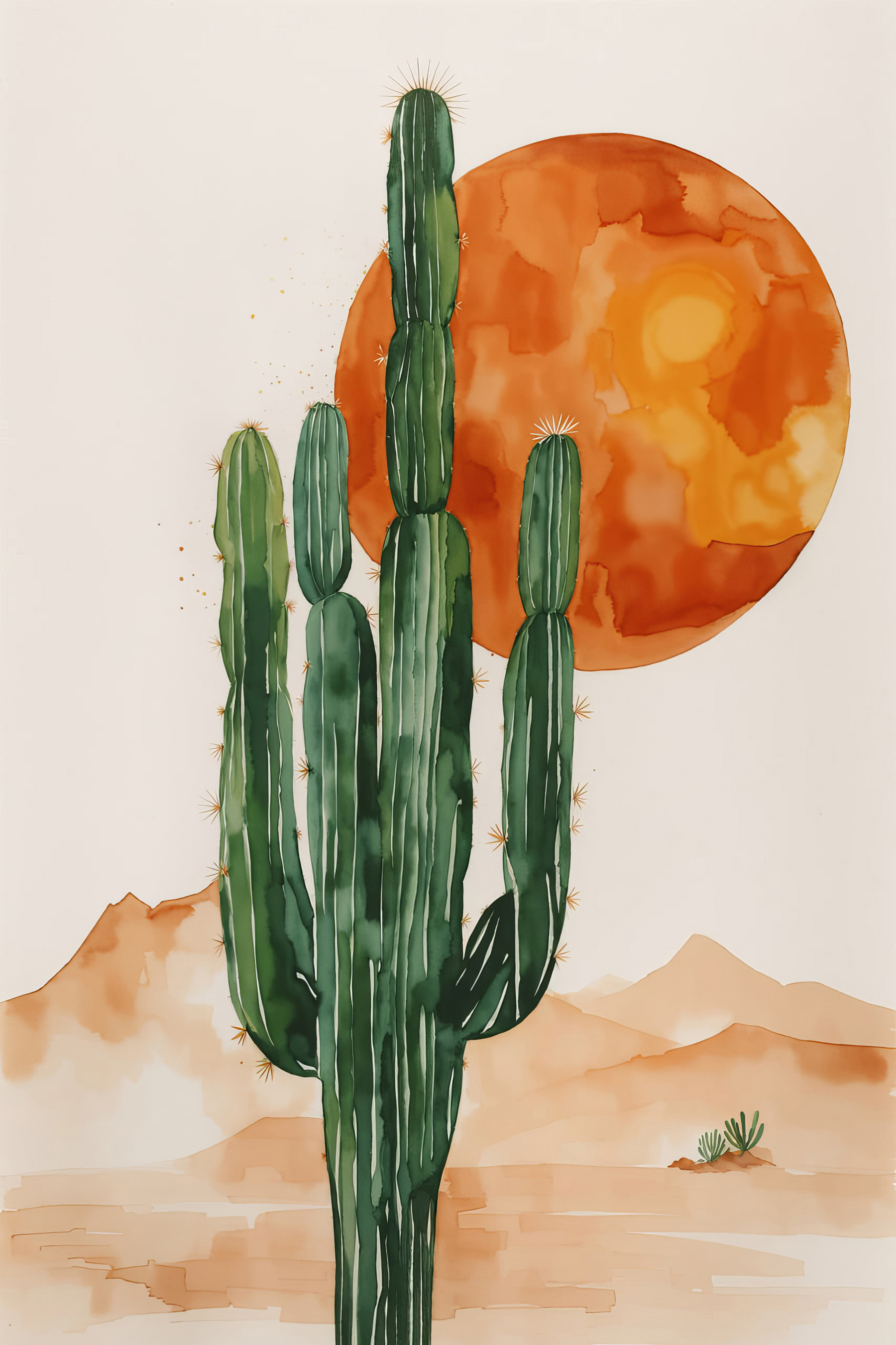 Gemlde Kaktus in der Wste im Gegenlicht der Sonne in Aquarell s36269