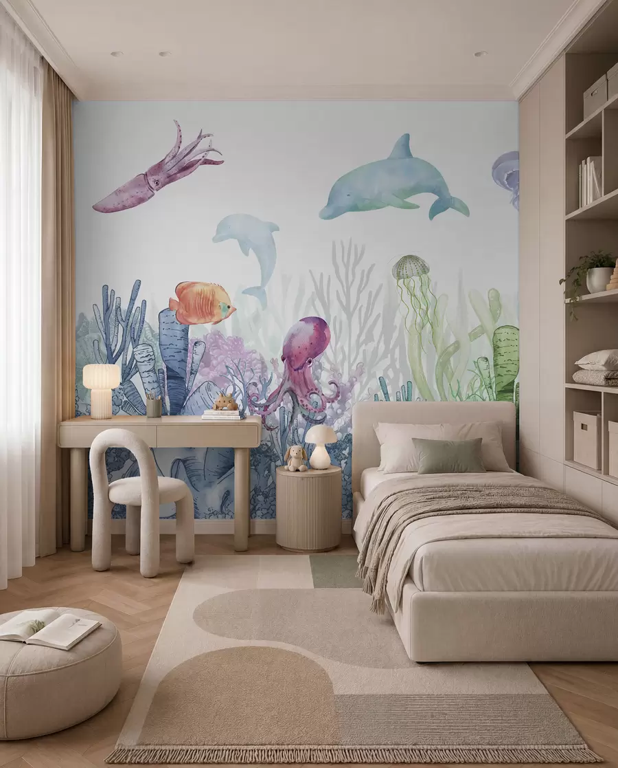 Fototapete Unterwasserwelt, Meerestiere, Aquarell, Korallen, Delphin, Oktopus u98899