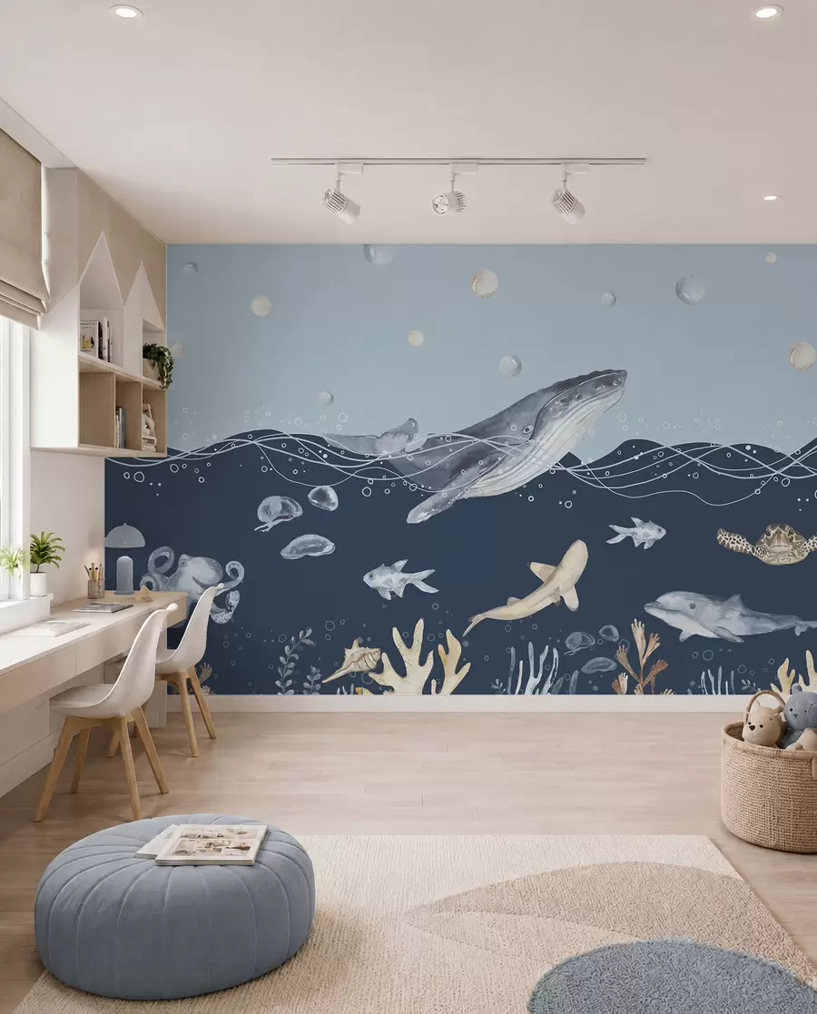 Fototapete Unterwasser Meer Leben, Wal, Delphin, Korallen, Meerestiere, Ozean Thema, Pastellfarben u98902