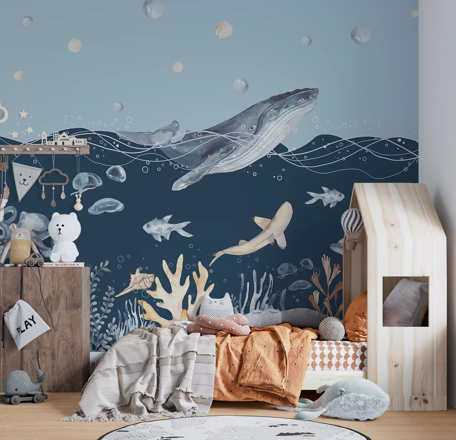 Fototapete Unterwasser Meer Leben, Wal, Delphin, Korallen, Meerestiere, Ozean Thema, Pastellfarben u98902