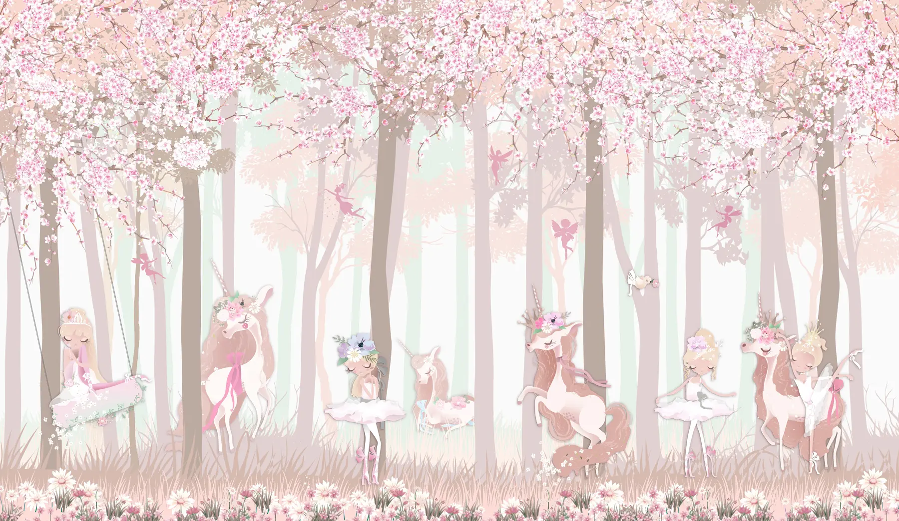 Fototapete Ein Wald mit Prinzessinnen und Einhörnern u98694