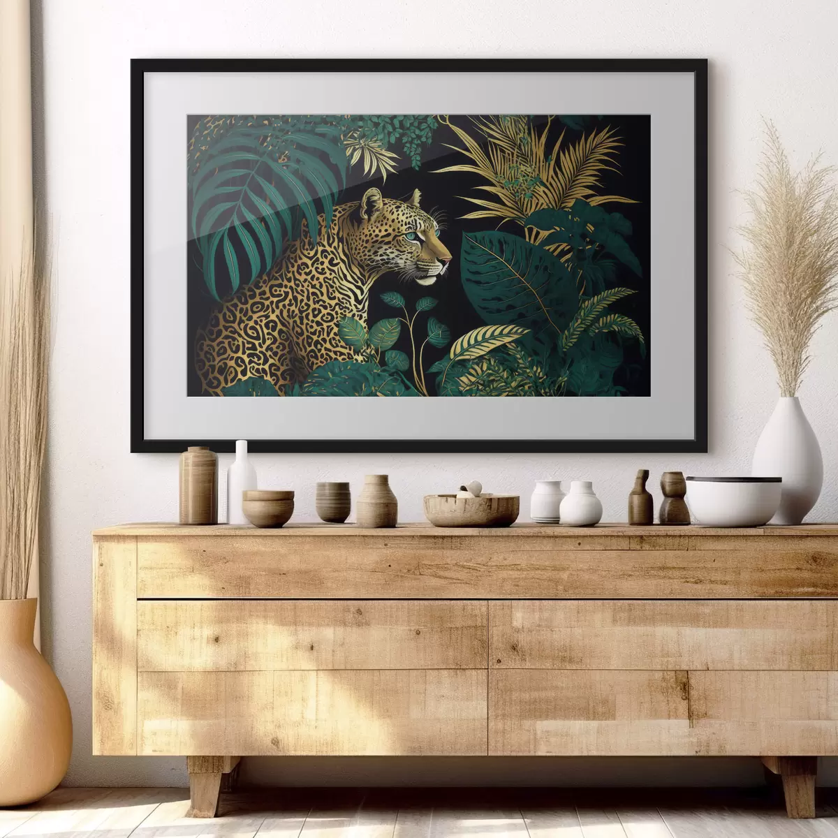 Poster Leopard mit grünen Augen im tropischen Buschland f33932