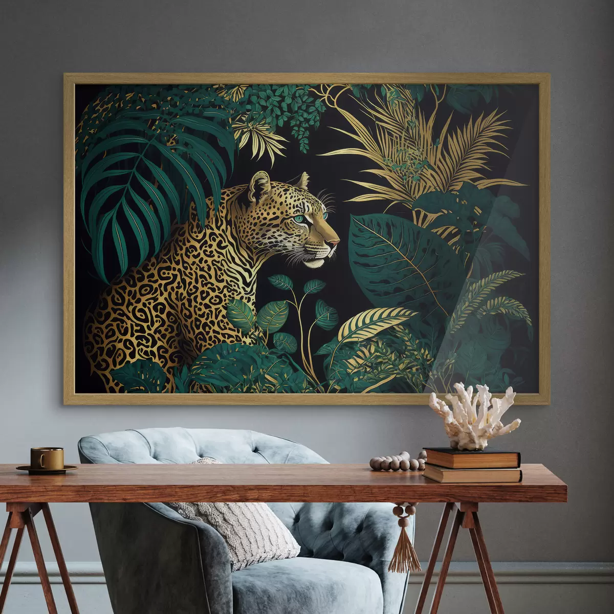 Poster Leopard mit grünen Augen im tropischen Buschland f33932