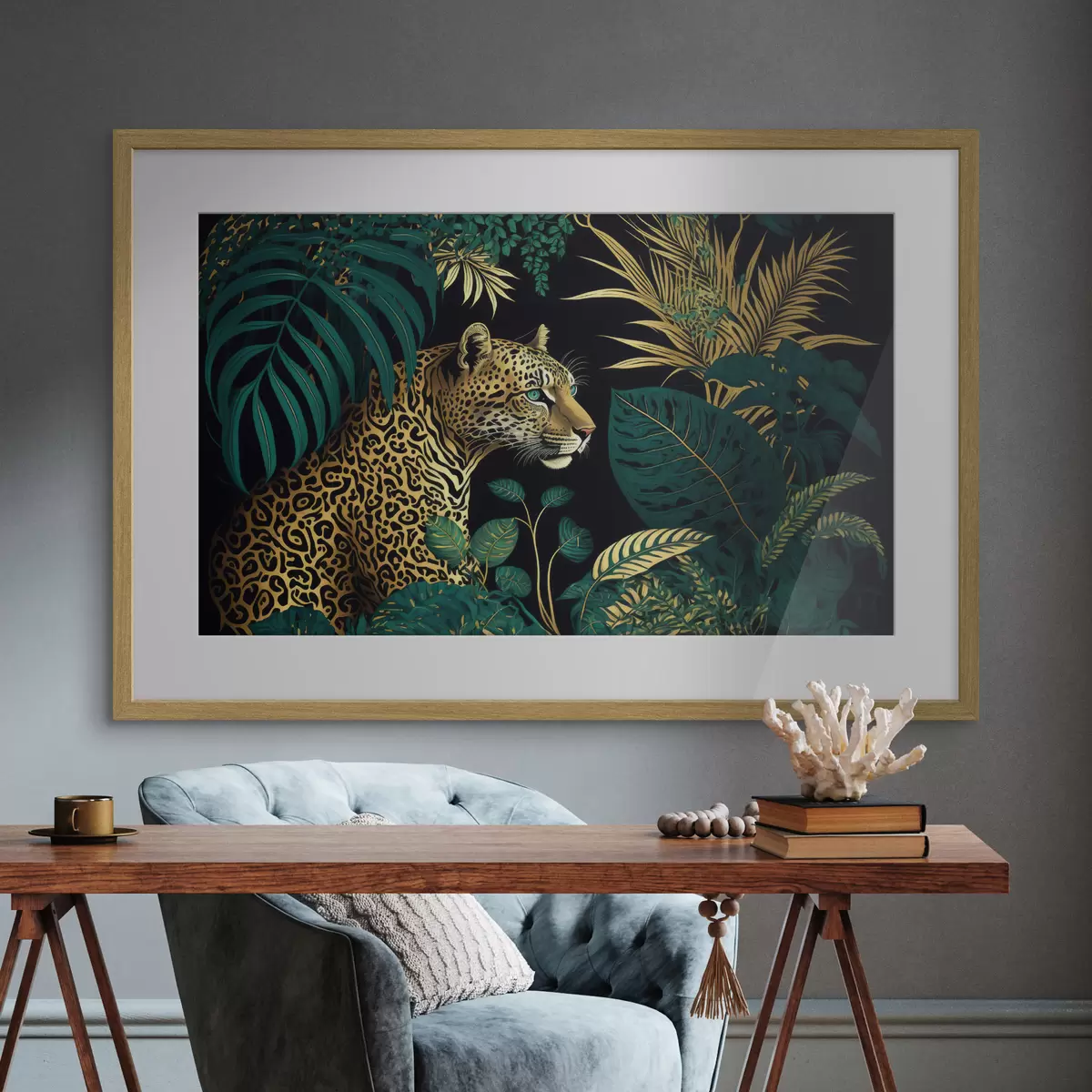 Poster Leopard mit grünen Augen im tropischen Buschland f33932
