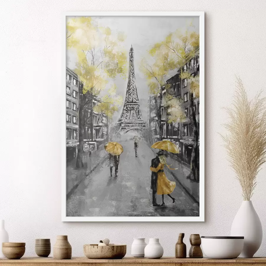Fototapete Paris unter gelben Schirmen f34592