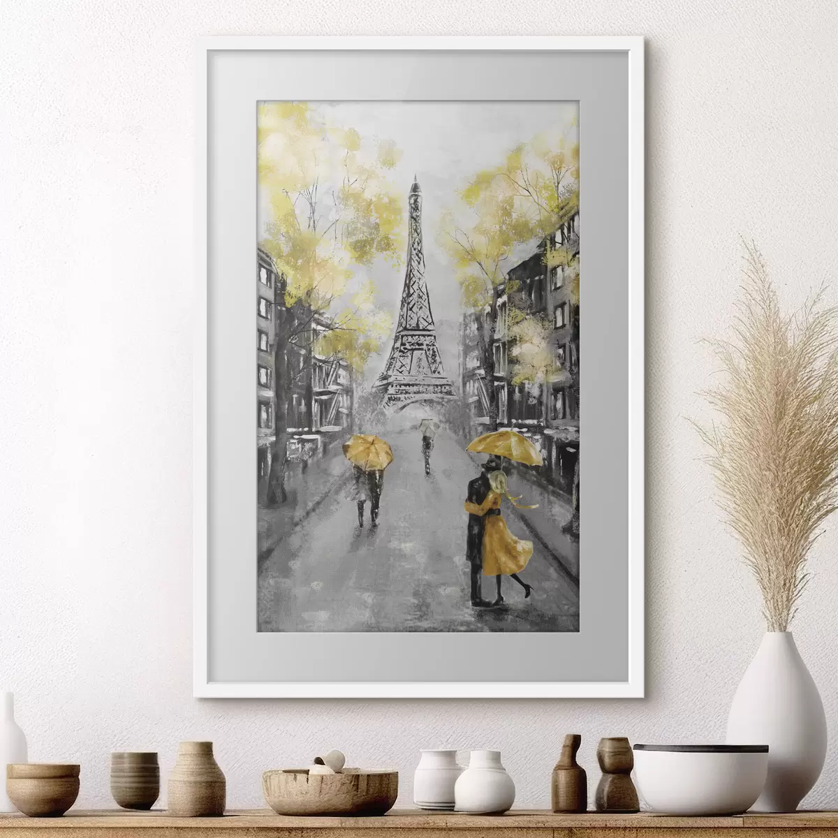 Poster Paris unter gelben Schirmen f34592