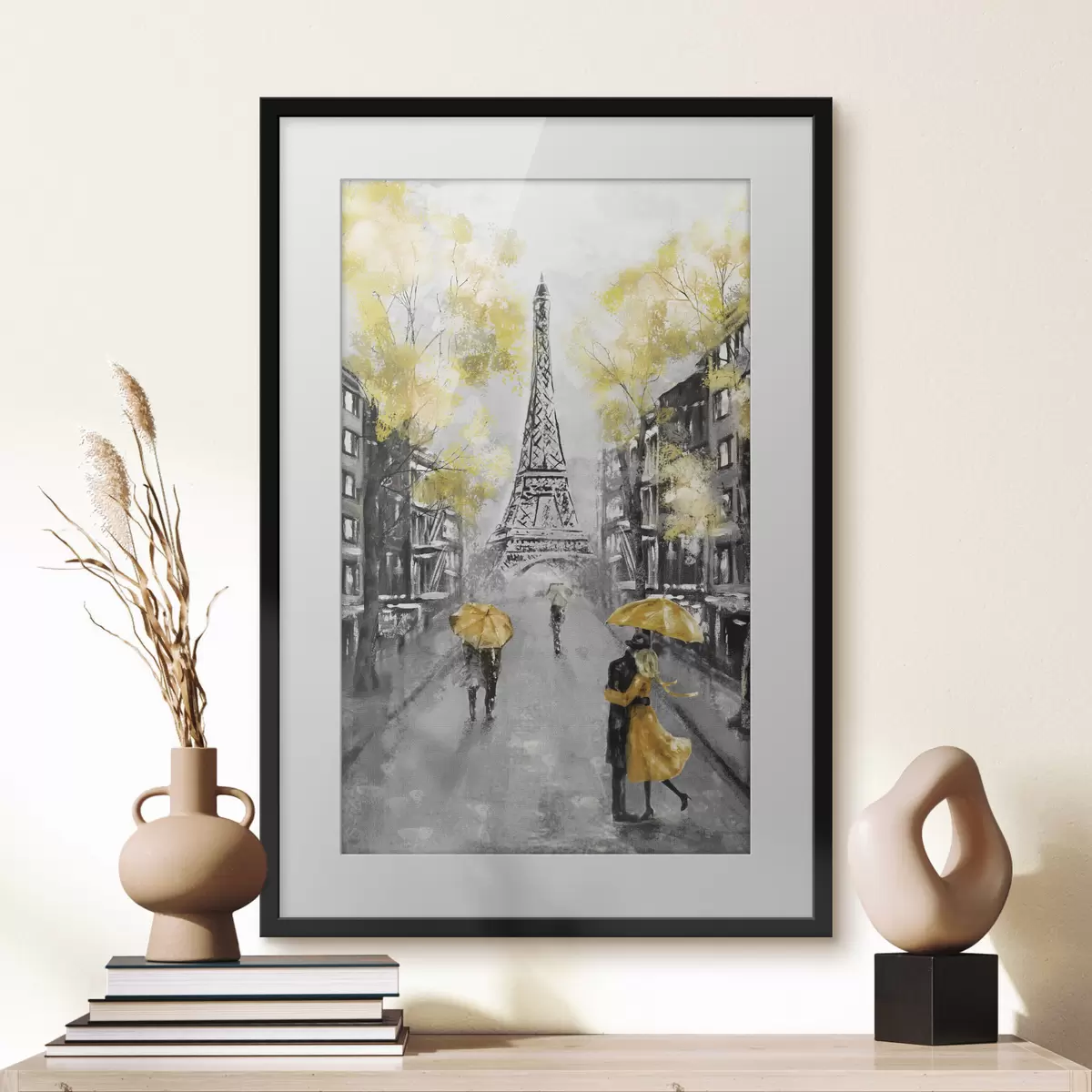Poster Paris unter gelben Schirmen f34592