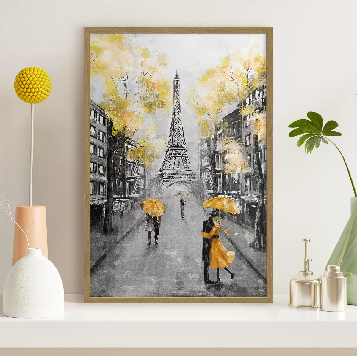 Poster Paris unter gelben Schirmen f34592