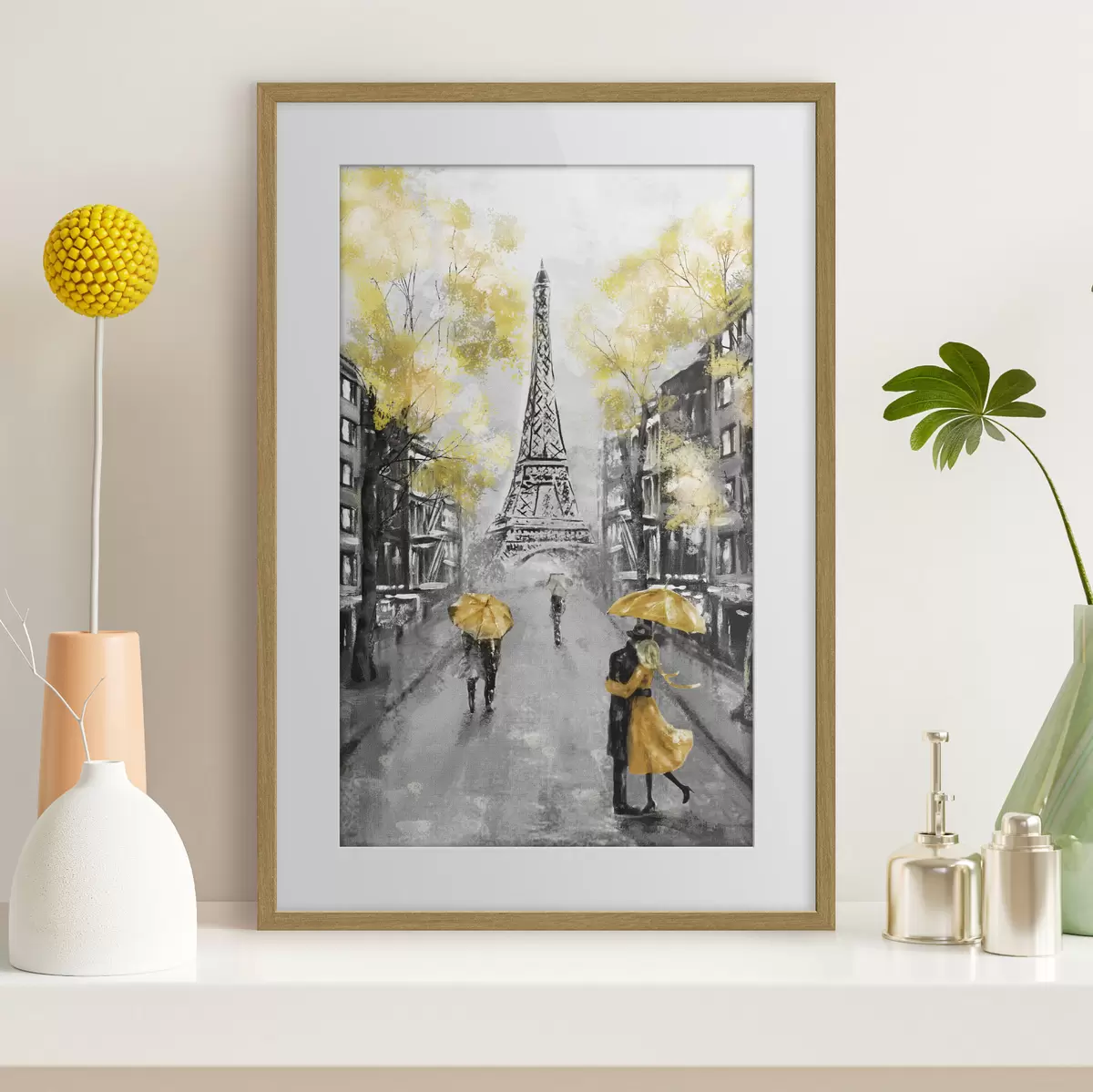 Poster Paris unter gelben Schirmen f34592