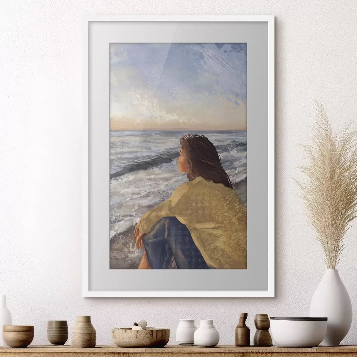 Poster Frau am Meer, die den Wellen nachsieht f35317