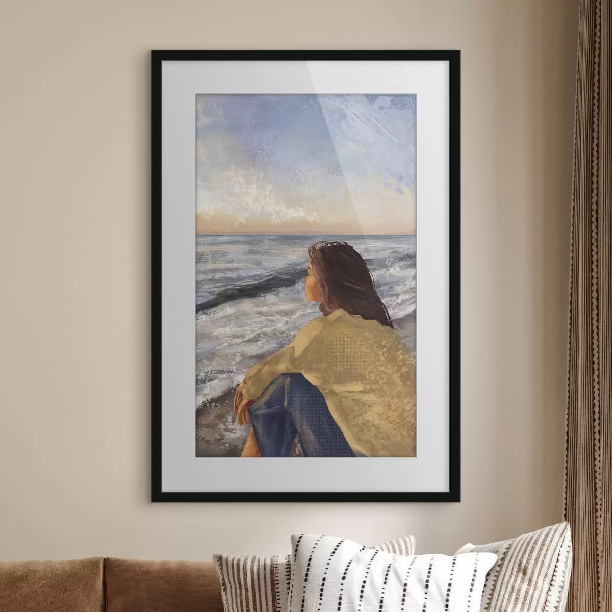 Poster Frau am Meer, die den Wellen nachsieht f35317