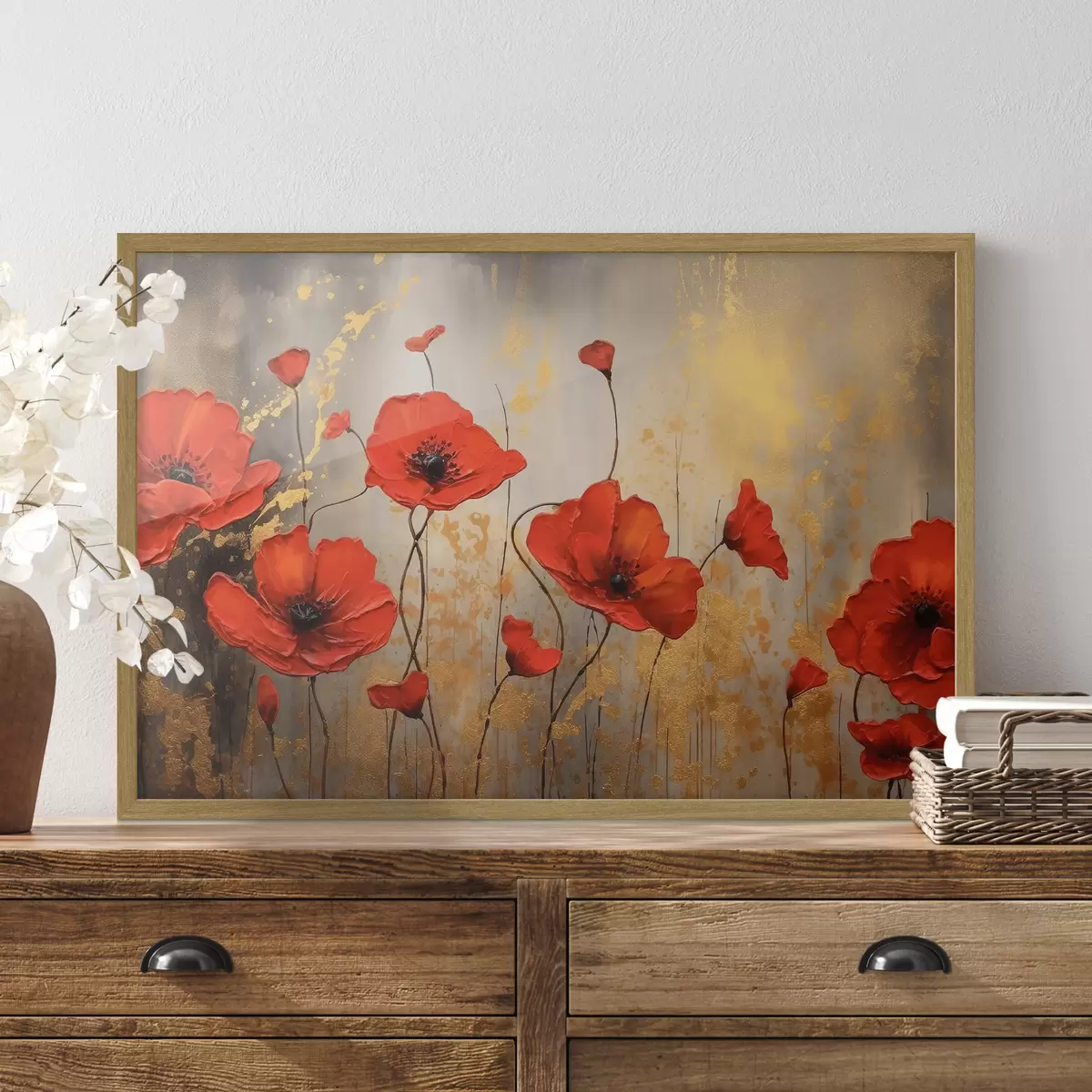 Poster Mohnblumen auf einem braunen abstrakten Hintergrund f35515