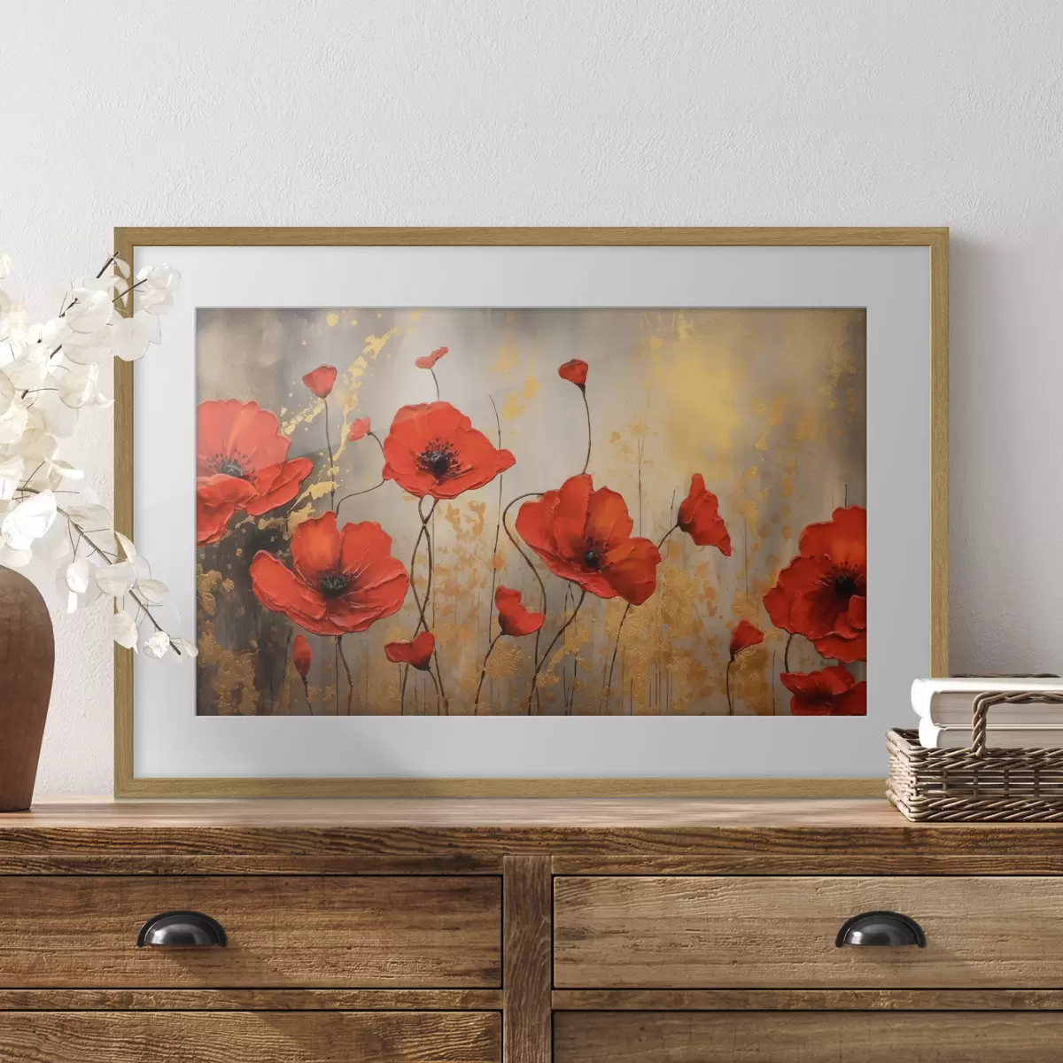 Poster Mohnblumen auf einem braunen abstrakten Hintergrund f35515