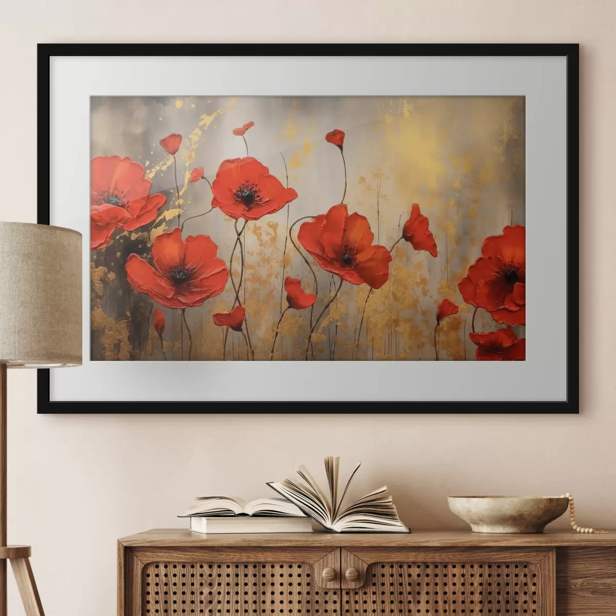 Poster Mohnblumen auf einem braunen abstrakten Hintergrund f35515