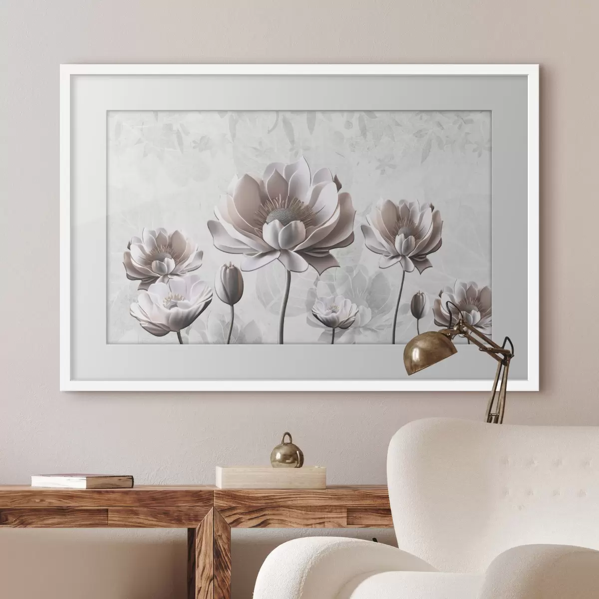 Poster Weiße Blumen auf weißem Hintergrund f35736