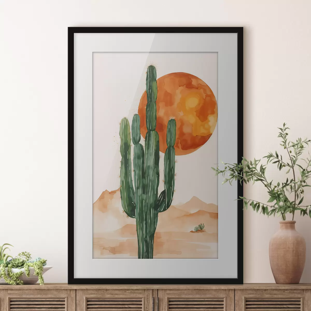 Poster Aquarell Kaktus in der Wüste gegen die Sonne f36269