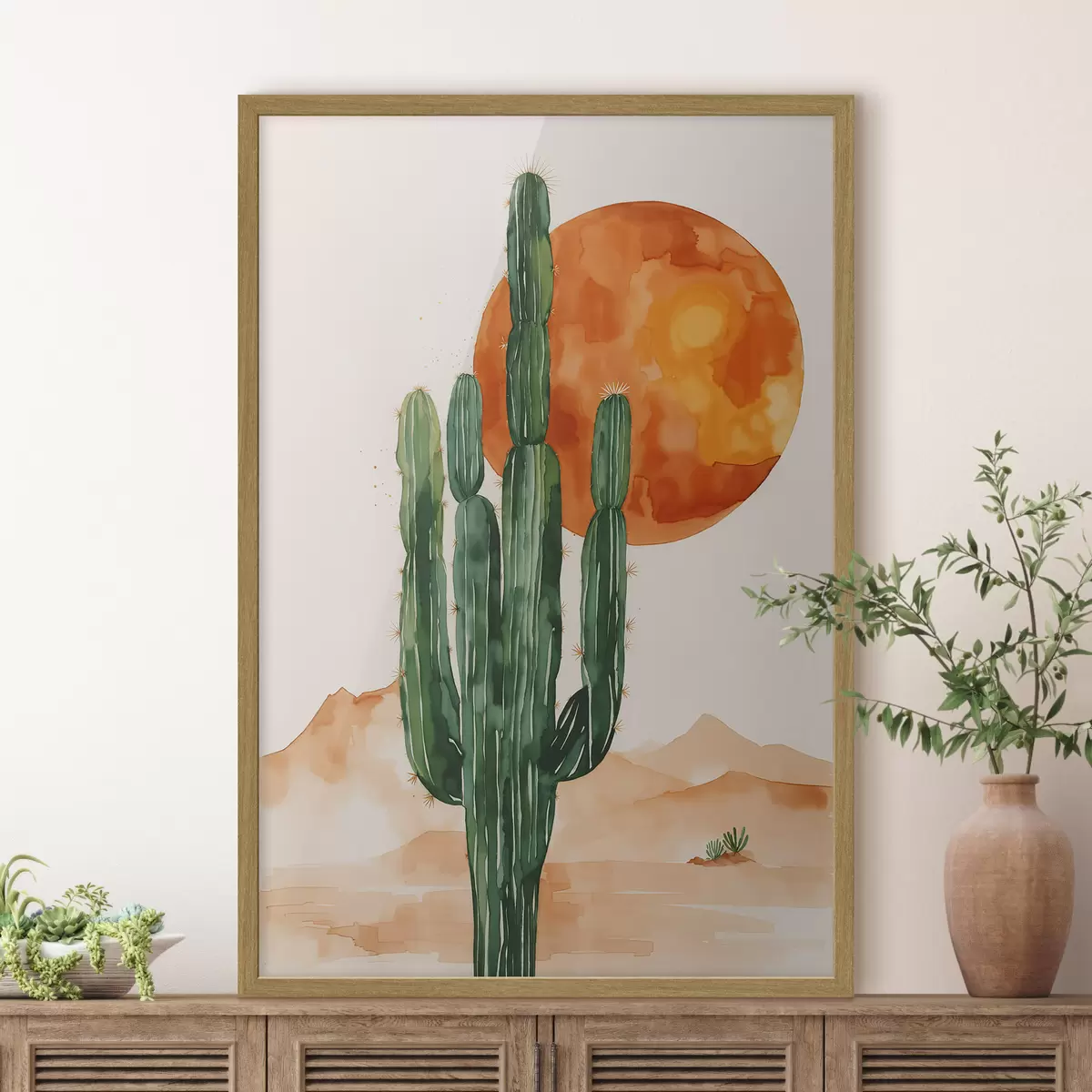 Poster Aquarell Kaktus in der Wüste gegen die Sonne f36269
