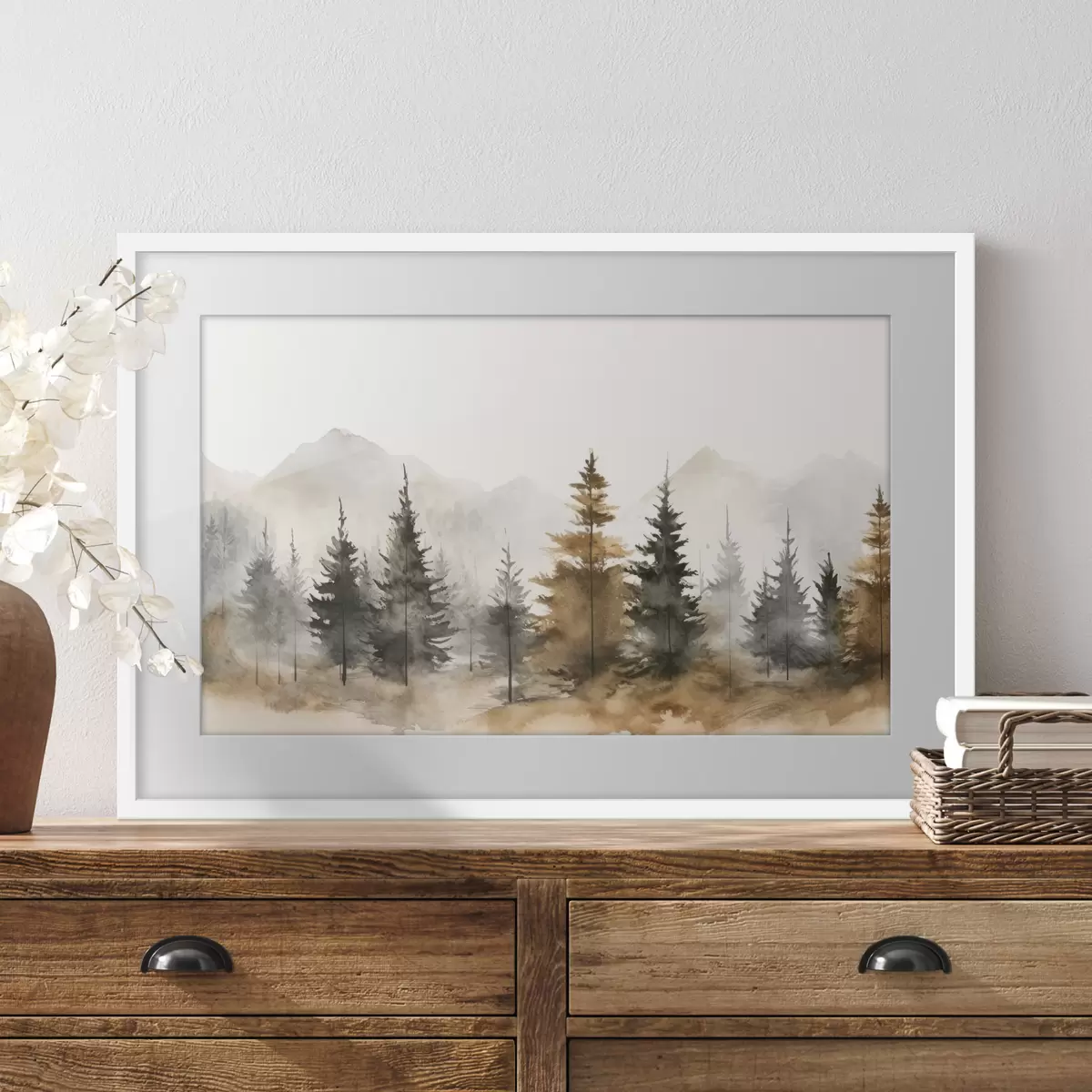 Poster Aquarell Fichten vor der Kulisse der Berge f36010