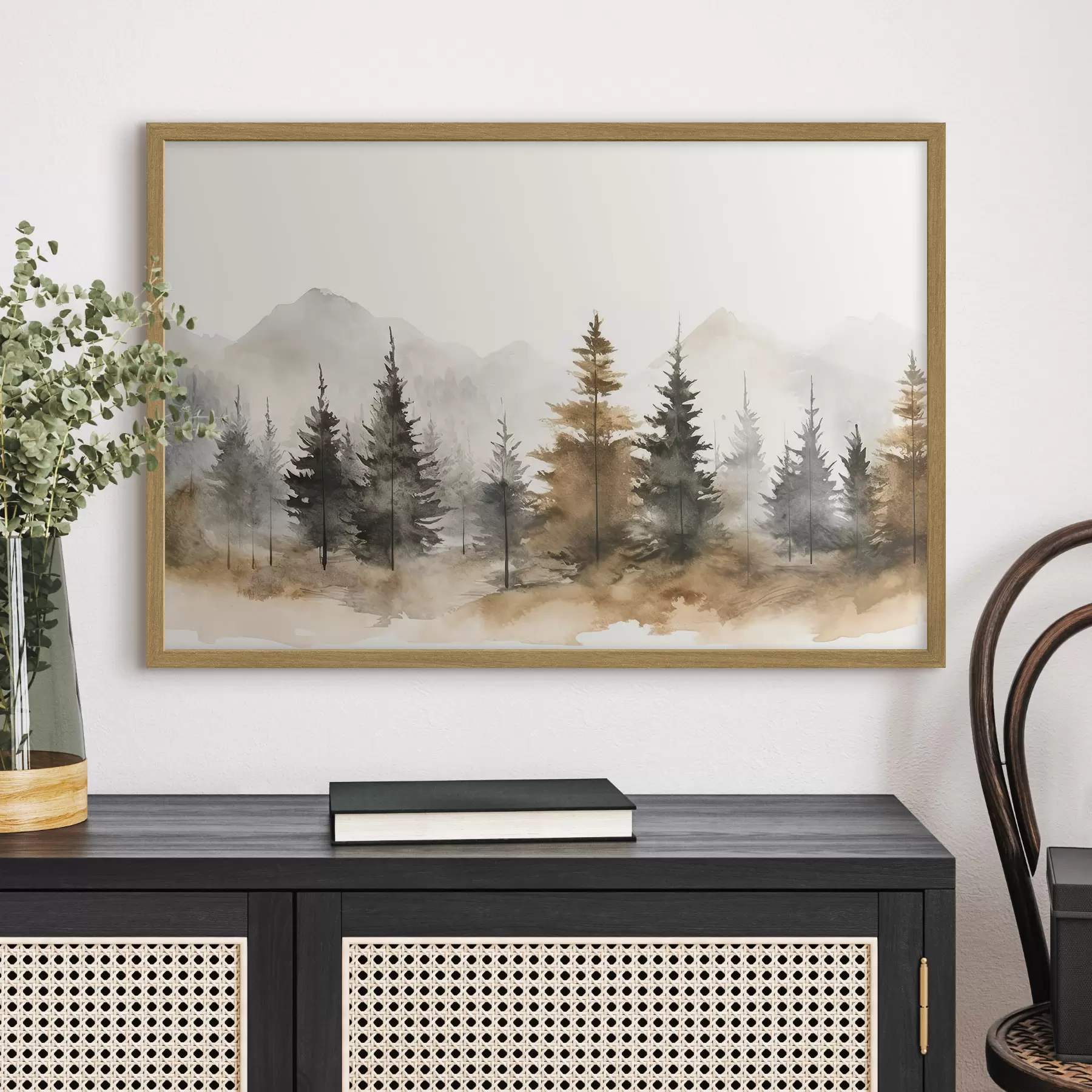 Fototapete Aquarell Fichten vor der Kulisse der Berge f36010