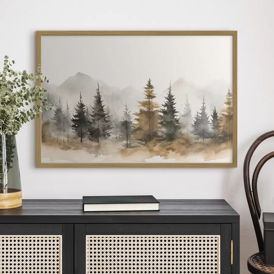 Fototapete Aquarell Fichten vor der Kulisse der Berge f36010