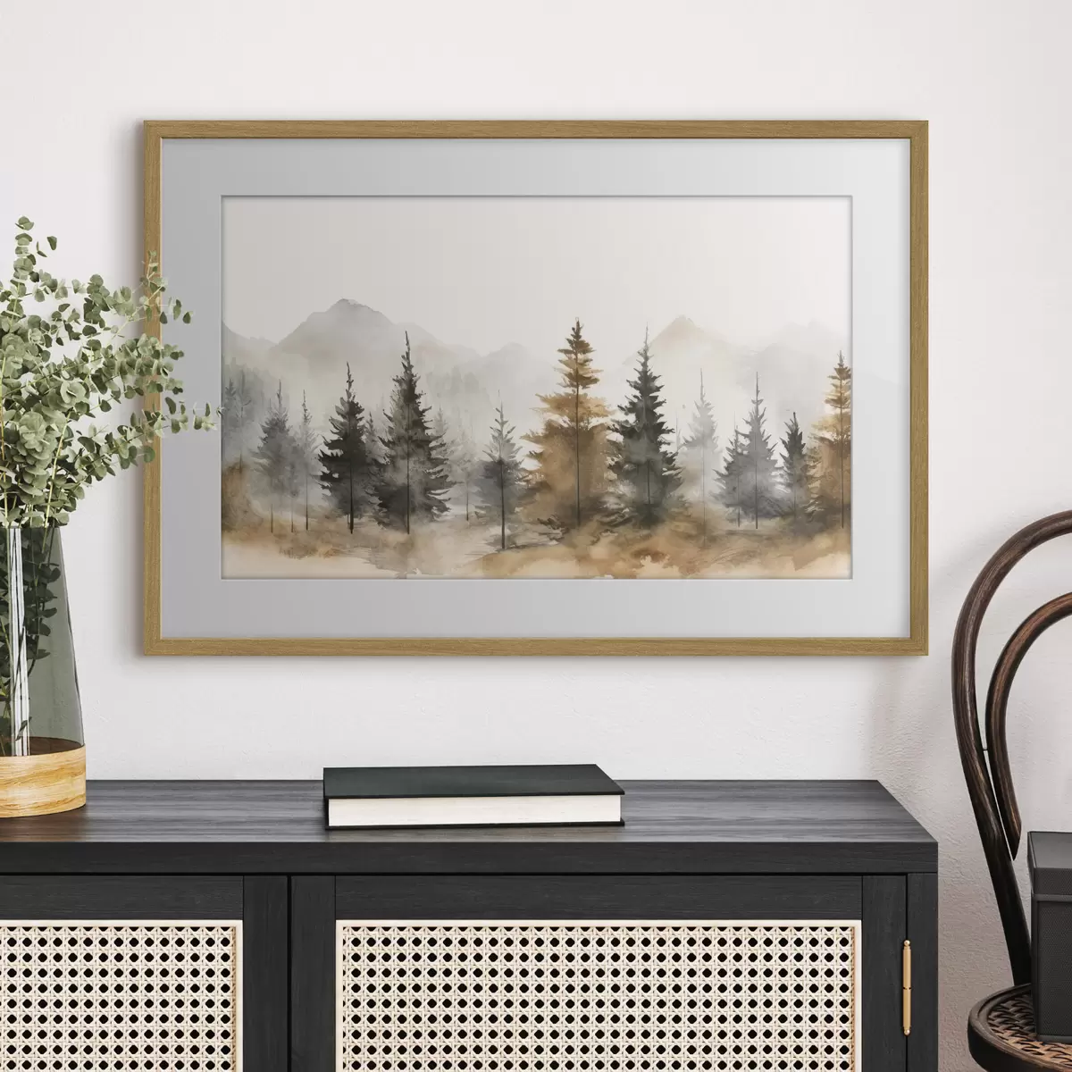 Poster Aquarell Fichten vor der Kulisse der Berge f36010