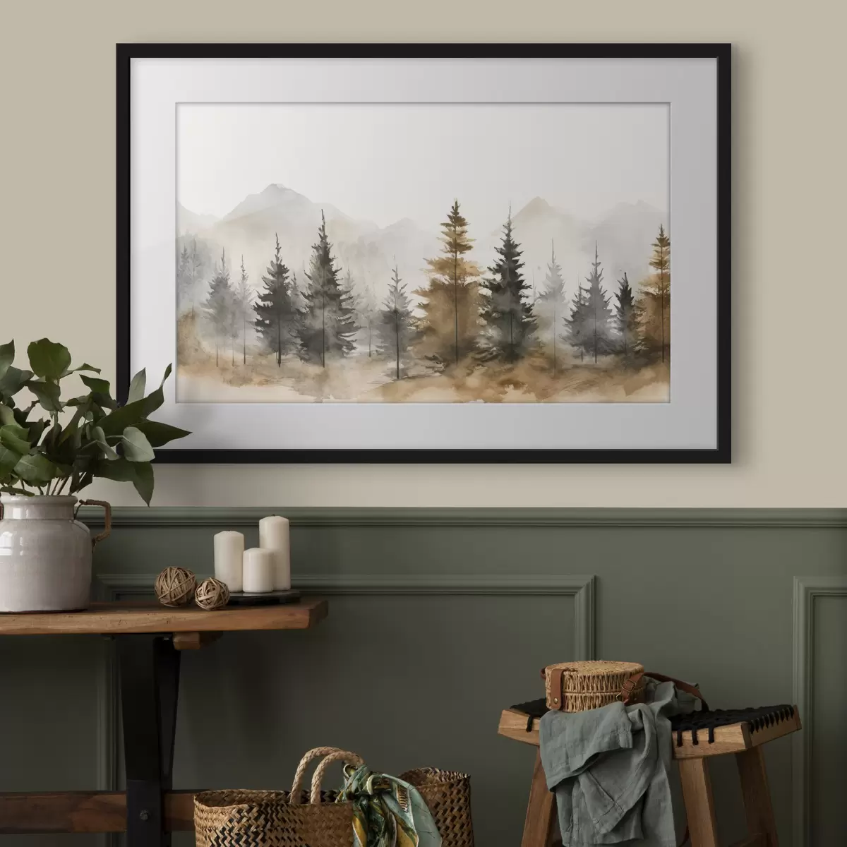 Poster Aquarell Fichten vor der Kulisse der Berge f36010