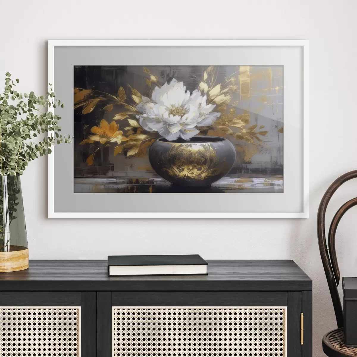 Poster Weiße Blüte in dunkler Vase f35388