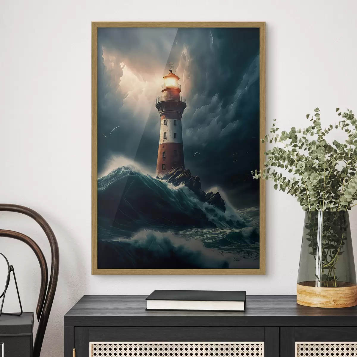 Poster Ein malerischer Leuchtturm auf einer einsamen Insel während eines Sturms f35349