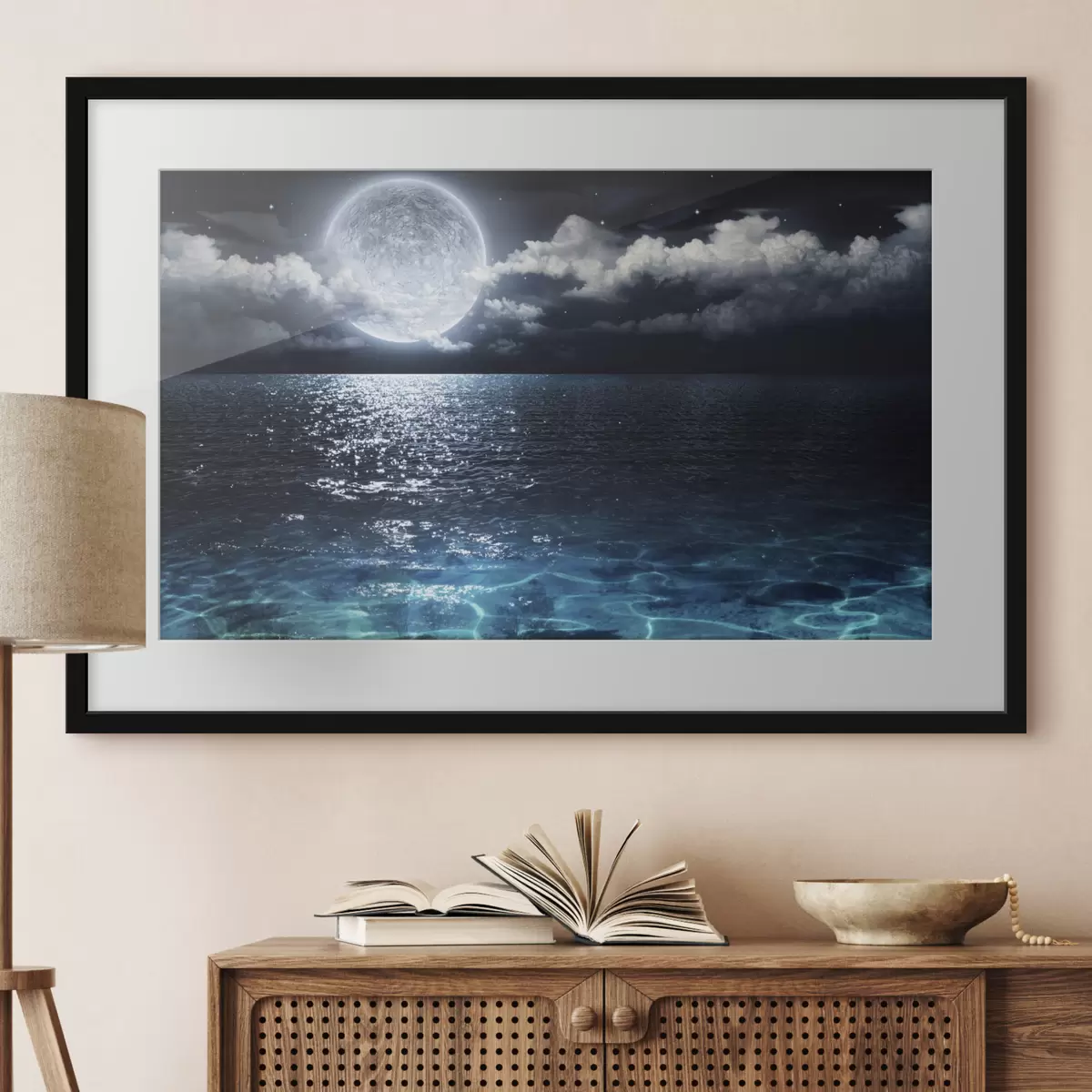 Poster Malerisches Panorama mit Vollmond auf dem Meer f35167