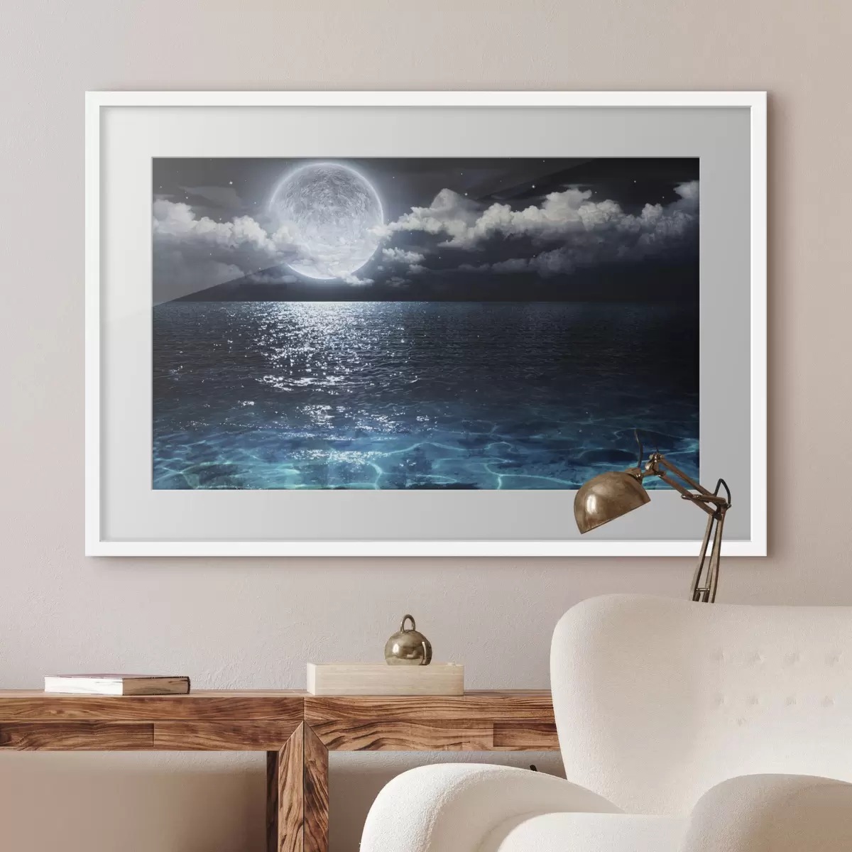 Poster Malerisches Panorama mit Vollmond auf dem Meer f35167