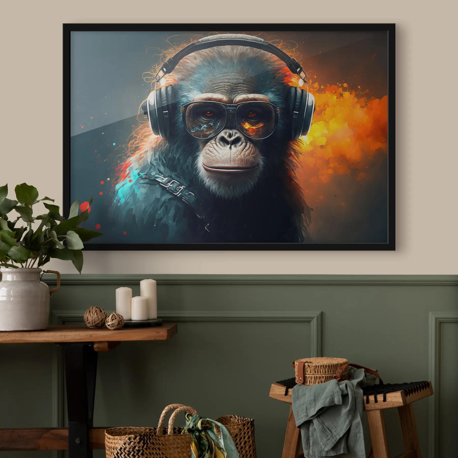 Fototapete Ein gemalter Gorilla auf einem Hintergrund aus heller Abstraktion. f34882