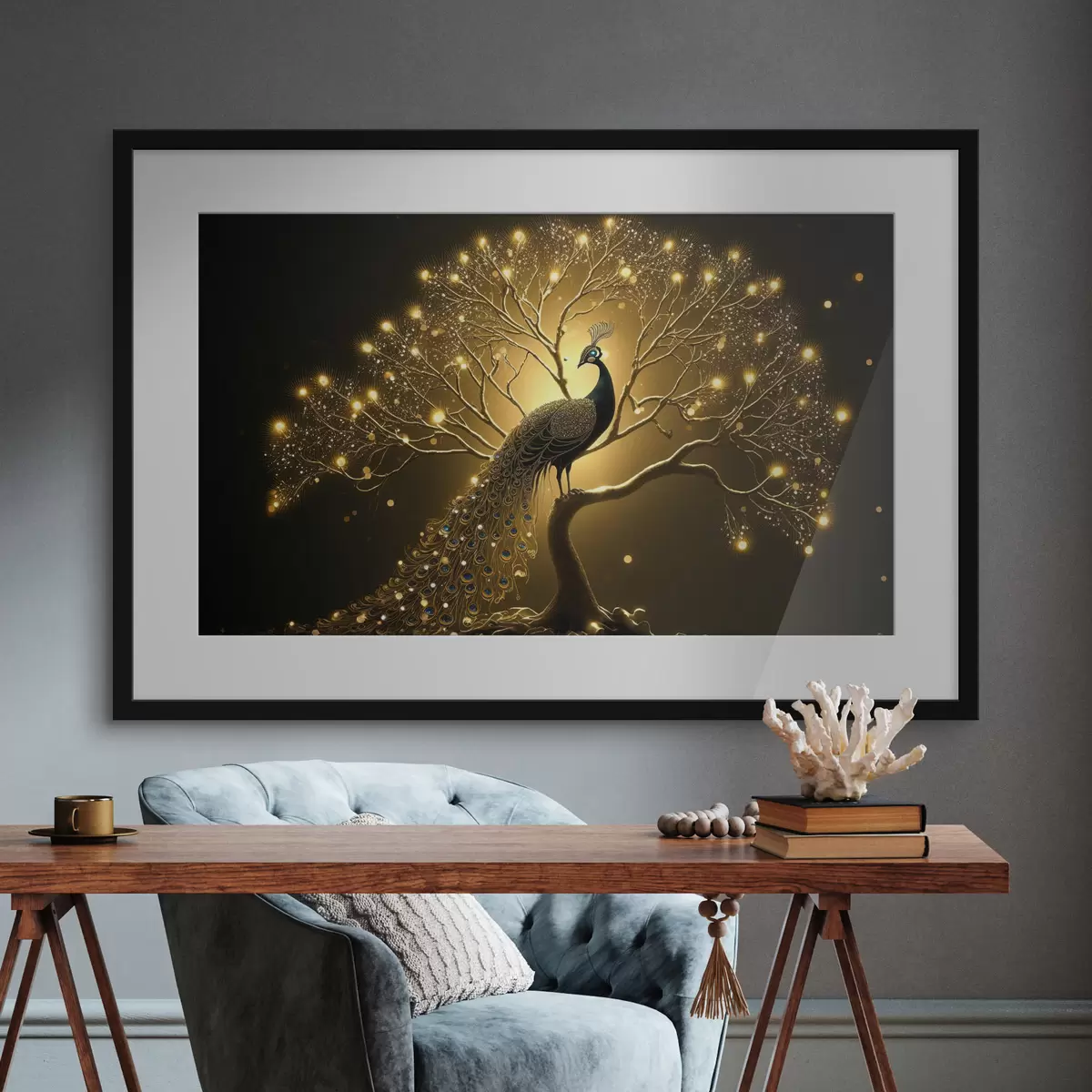 Poster Ein schöner Pfau vor dunklem Hintergrund f34876